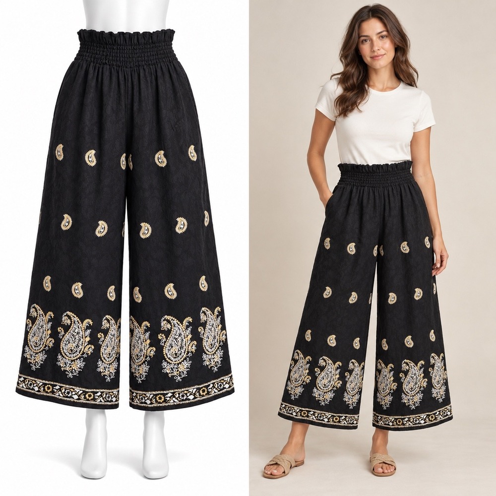 Anthropologie Wide Leg Pants Women M Black Paisley Embroidered Smocked High Rise